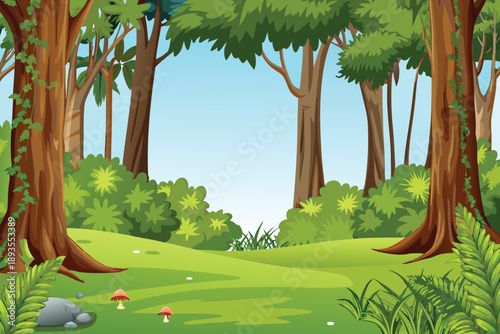 A vibrant illustration depicts a lush forest scene with tall trees and green