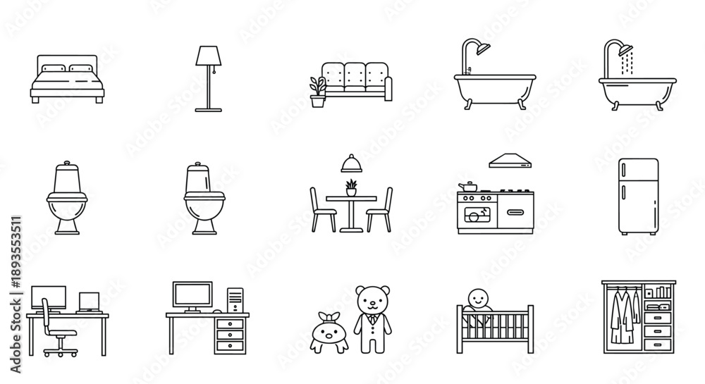Fototapeta premium A set of minimalist line art icons representing various categories of home furniture for the bedroom, bathroom, kitchen, and office.
