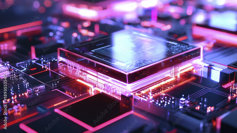 Fototapeta premium Futuristic AI chip glowing circuit advanced technology digital processor neon light electronic component innovation high tech motherboard cyberpunk style. image captures vibrant modern