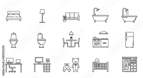 A set of minimalist line art icons representing various categories of home furniture for the bedroom, bathroom, kitchen, and office.