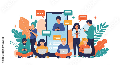 A diverse group of young people using mobile phones and laptops to communicate and socialize online through social media apps.