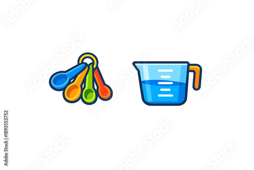 Measuring spoons and a liquid measuring cup on a plain surface in a kitchen setting with tools for cooking and baking