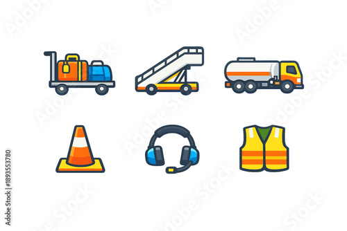 Icons of airport services showing luggage cart, boarding stairs, fuel truck, traffic cone, headset, and safety vest during daylight hours