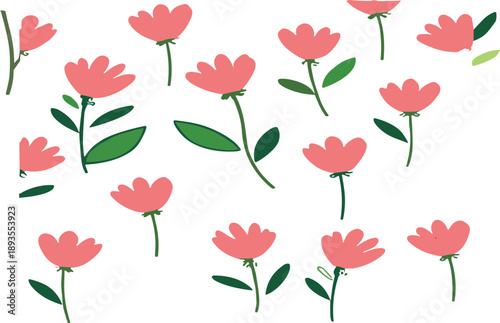 Seamless pink flower pattern vector background with simple hand drawn floral stems and green leaves for spring design