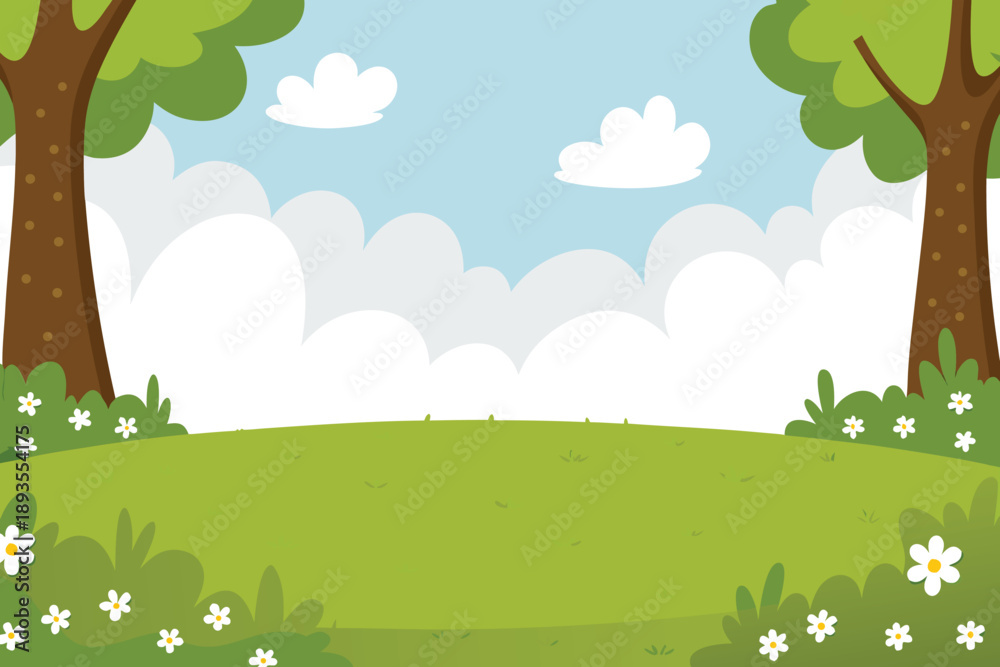 Fototapeta premium A vibrant cartoon landscape features trees fluffy clouds a green field and flowers