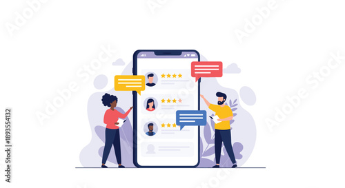 People leaving online reviews and feedback on a mobile application, giving star ratings and comments for customer experience.