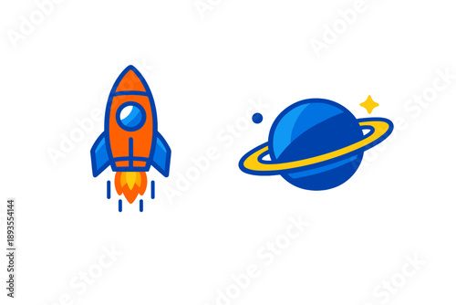 Rocket launches into space toward a planet with rings as stars shine bright in the background during a clear night