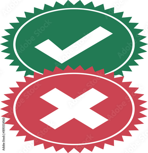 Green checkmark and red cross marks are shown inside jagged circular seals indicating approval.