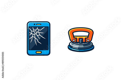 Broken smartphone screen and repair tool shown side by side on a plain background with simple design