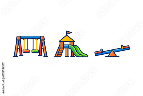 Playground features include swings, a slide, and a seesaw designed for children to enjoy activities during daytime hours at a local park