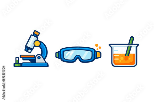 Microscope, safety goggles, and beaker show tools for science experiments in a classroom setting during daytime
