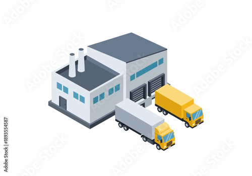 Industrial warehouse with trucks loading and unloading cargo in a commercial facility