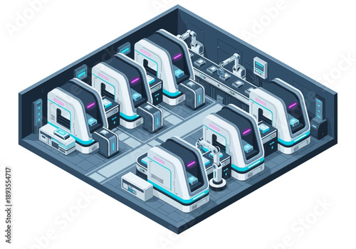 Futuristic factory interior with automated machinery and robotic assembly lines viewed from above in an isometric illustration