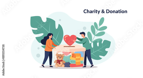 A couple donating clothes, toys, and love into a large charity box, illustrating the concept of giving and social support.
