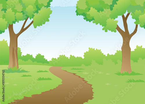 A winding dirt path leads through a vibrant green landscape with trees high quality