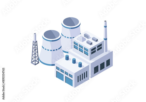 Industrial facility with towers and smokestack viewed from the side in a clean and modern illustration.