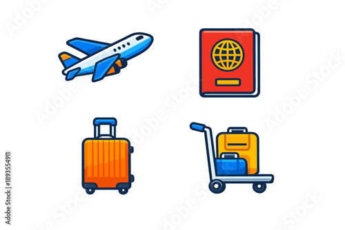 Travel items for a trip with an airplane, passport, luggage, and a cart loaded with bags