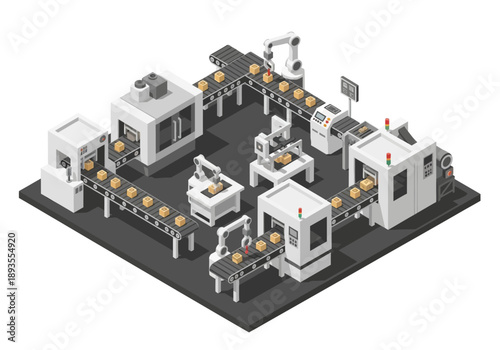 Isometric view of an industrial manufacturing facility with machinery and conveyor belts in operation, showcasing a production line process