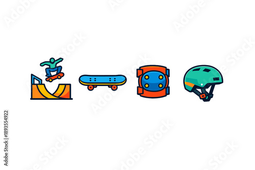 Skateboard activities at a park featuring ramps, skateboards, knee pads, and helmets showing safety gear