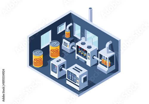 Industrial facility isometric view with machinery, tanks, and equipment in a manufacturing setting