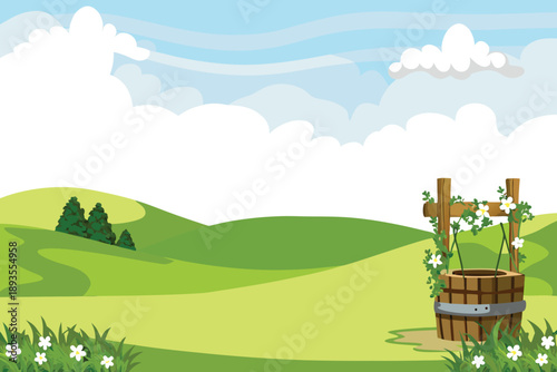 A picturesque landscape features a wooden well amidst rolling green hills and clouds