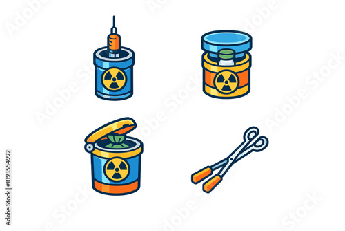 Containers with symbols related to nuclear waste and tools for handling waste materials seen in a clean layout on a white background