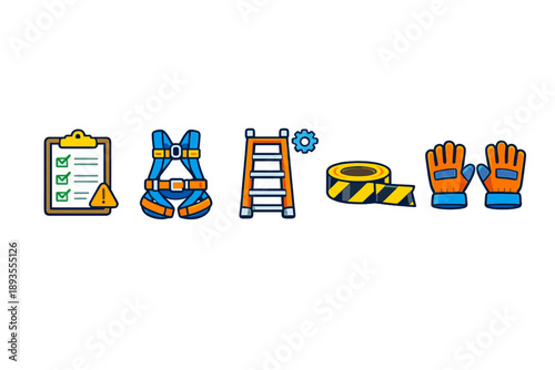 Safety equipment and tools used in construction and industrial work displayed together on a white background for clear visibility and understanding of their purpose and use