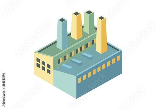 Isometric illustration of an industrial factory building with smokestacks from a high angle viewpoint