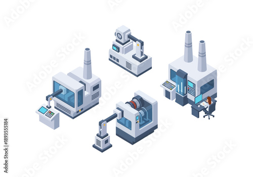 Industrial factory setup with various machinery and workers in a modern manufacturing environment viewed from above