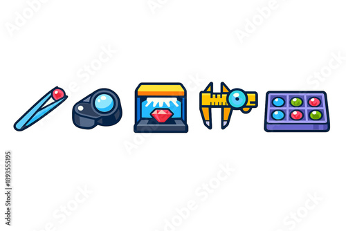 Various tools and equipment used in gemstone cutting and jewelry making displayed on a white background in a clear and organized manner