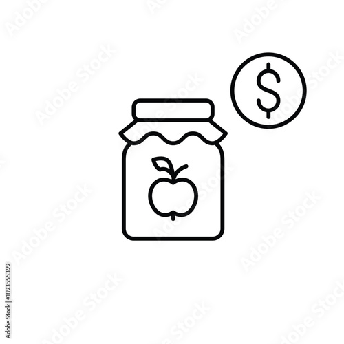 Apple jam jar and dollar. Homemade preserve cost, grocery spread price, artisanal food value. Pixel perfect, editable stroke vector icon