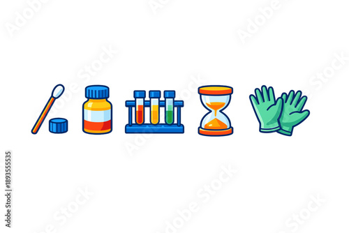 Collection of laboratory tools and materials showing a swab, medication bottle, test tube rack, hourglass, and gloves used for experiments and tests in a science lab setting