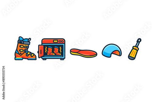 Steps for preparing ski boots by drying the inside, adding new insoles, and checking the fit with tools in a workshop setting