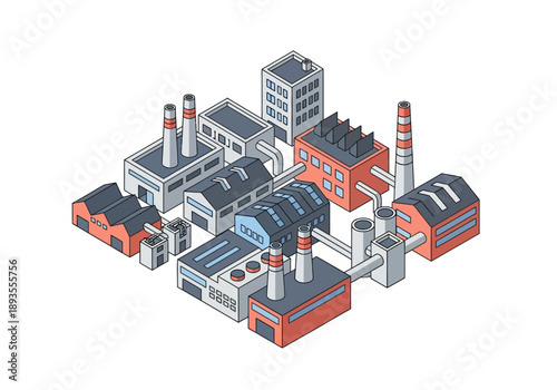 Industrial complex with multiple buildings and smokestacks viewed from above