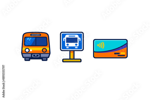 Public transport symbols showing a train, bus stop sign, and a transit card in a simple design on a white background