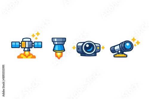 Different types of cameras and space technology with colorful designs in a modern style showing various uses in space and photography