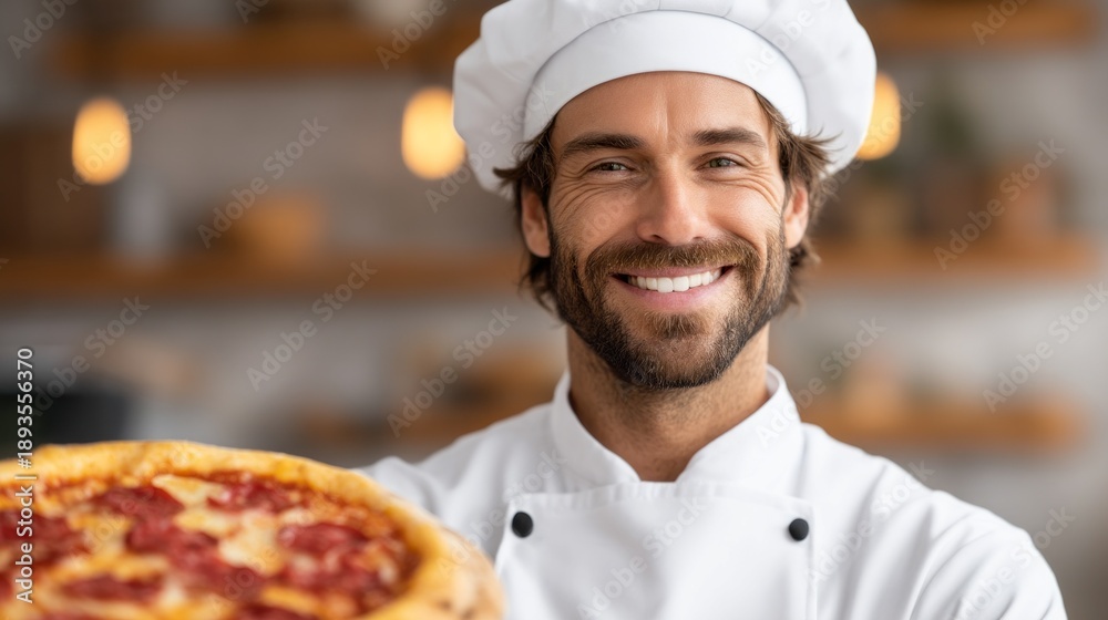 custom made wallpaper toronto digitalA cheerful chef proudly holds a freshly baked pizza topped with pepperoni, surrounded by a cozy kitchen with warm lighting, giving off a friendly atmosphere ideal for culinary creation