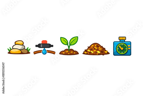 Different steps in gardening process including soil, water supply, plants, and time management for growth