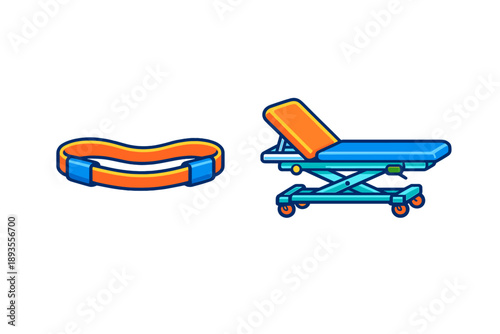Medical equipment includes a stretcher and a rescue belt for emergency situations in hospitals and ambulances