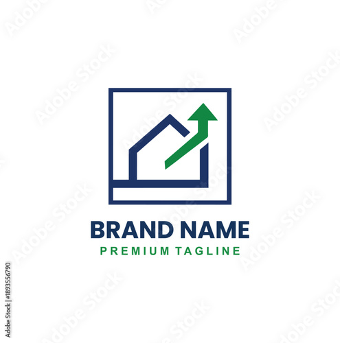 minimalist real estate investment logo inside a square frame with a house silhouette and an upward arrow.