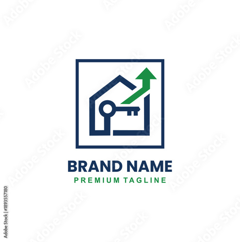 secure property logo featuring a house silhouette with a key and a rising growth arrow inside a square.