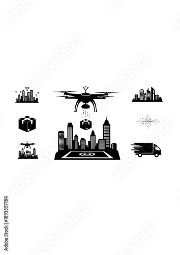 Drone Delivery Service Silhouette, Autonomous Package Drop Off, Future E-commerce Logistics and Smart City Delivery Vector Art