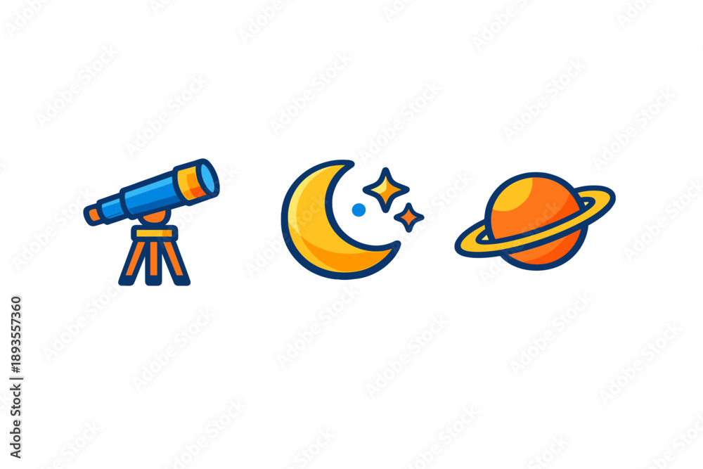 Obraz premium Telescope, moon, and planet symbols shown in a simple design for space exploration theme in a digital format