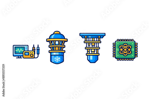 Different types of electronic components including monitors, sensors, and chips shown in a clean design style