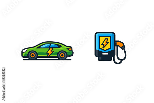 Electric car and charging station on a simple background at daytime showing the shift from fuel to electric power for vehicles