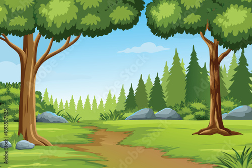 A vibrant landscape depicts lush green trees a path and a clear sky