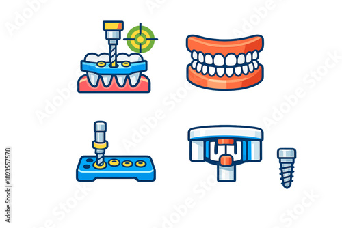Symbols of dental tools and procedures used in modern dentistry and oral care in a clinical setting