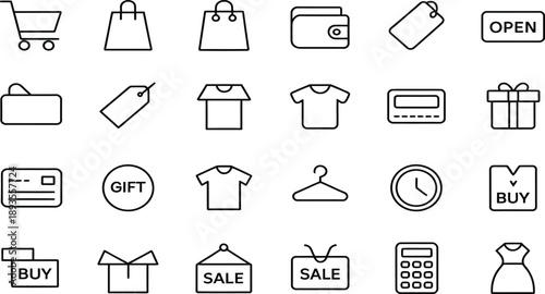 Various black and white line icons representing shopping, commerce, and retail transactions are.