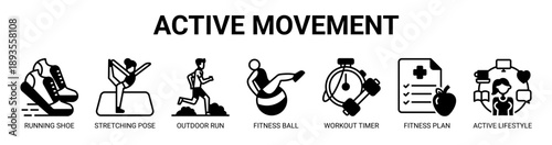 Active Movement web banner icon vector illustration concept with icon of running shoe, stretching pose, outdoor run, fitness ball, workout timer, fitness plan, and active lifestyle.