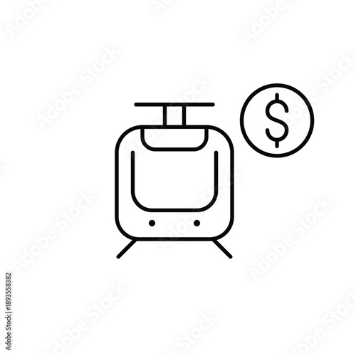 Tram and dollar. Public transport cost, bus fare payment, transit expense. Pixel perfect, editable stroke vector icon